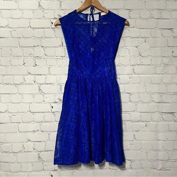 Sandro Paris Mikka Lace Dress Blue Tie Back Mini Fit & Flare Party Cocktail - Picture 4 of 11